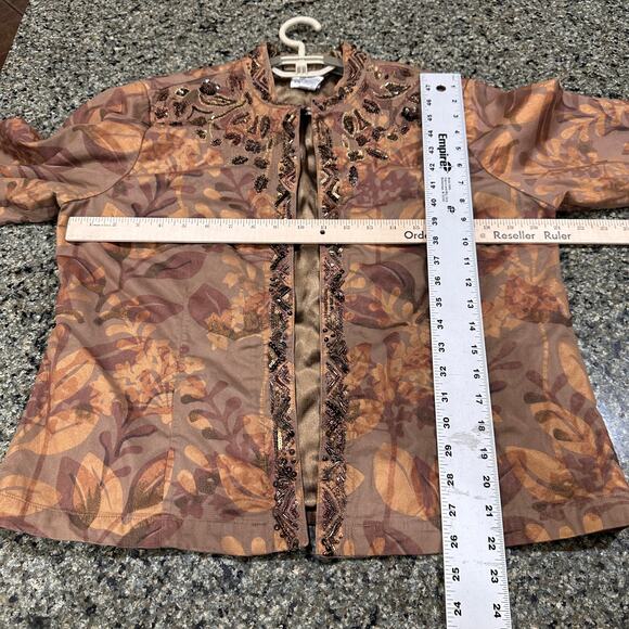 Chicos Beaded Jacket Size 2 US L Brown Netted Open Front Sequin Overlay FLAW - Picture 3 of 7